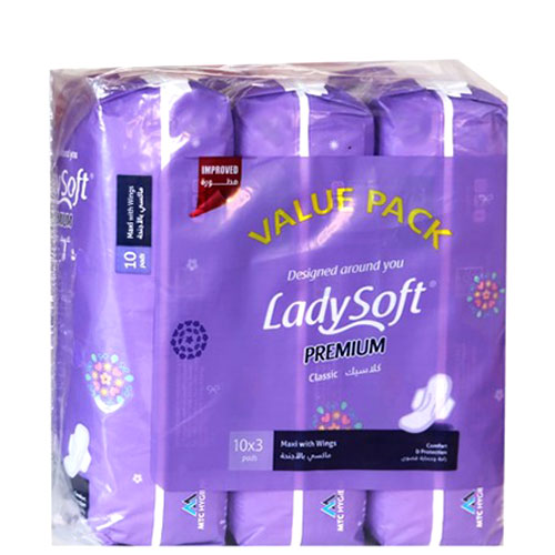 Ladysoft Premium Maxi With Wings (3 Packs * 10 Pads )