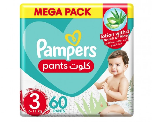 Pampers Baby-Dry Pants Diapers with Aloe Vera Lotion, Size 3, 6-11kg, Jumbo Pack, 60 Diapers