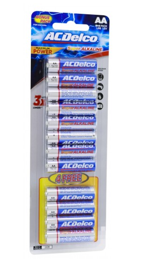 Ac Delco Alkaline Aa-12 Promo Batteries 8+4 Pcs Free