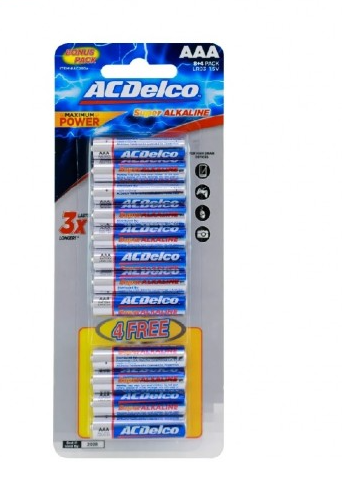 AC Delco Alkaline Blister Card AAA Batteries, 8+4 Pieces