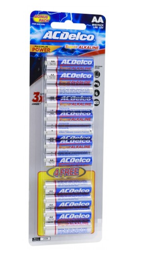 Ac Delco Alkaline Aa-12 Promo Batteries 8+4 Pcs Free 