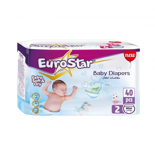يورو ستار - حفاضات أطفال رقم 2 حجم من 3 إلى 6 كجم (40 حفاضة) 
