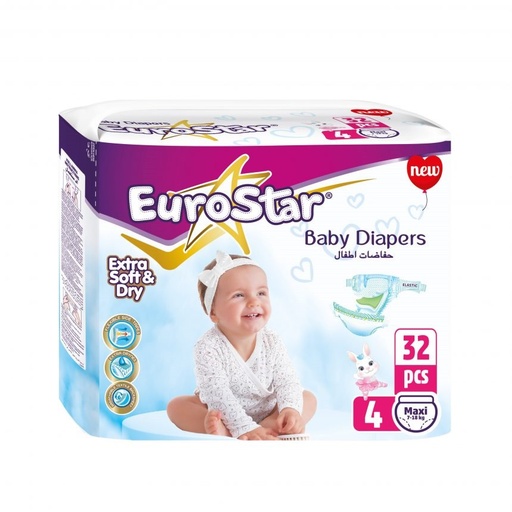 يورو ستار - حفاضات أطفال رقم 4 حجم من 9 إلى 18 كجم (32 حفاضة) 